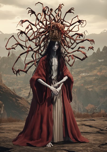 score_9, score_8_up, score_7_up, a lanky man  , many arms, skinny, best quality, masterpiece, otherworldly, <lora:eldringpxl:1>, eldringpxl, full body, landscape, diseased, monster, humanoid, robe, grafted, stitched together, pale skin, long hair, crown, long arms, zombified,