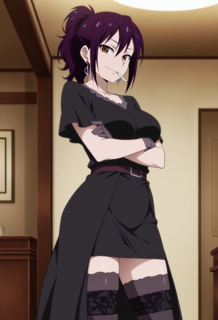 1girl,solo,mm,mature female,purple hair,brown eyes,earrings,ponytail,breasts,anime coloring, 
black dress,thighhighs, crossed arms, standing, gloves, cigarette, indoors,looking at viewer, smile
,masterpiece,best quality,amazing quality,<lora:nisekoi ix:0.8>