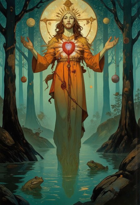Psychedelic bayou Christ figure, levitating above cypress water, bleeding light from eyes and palms, heart exposed with golden swamp roots, frogs and insects orbiting like planets, ethereal fog infused with fractals, saturated dreamcore palette of blood-orange, teal, and amethyst, esoteric religious tones, oil painting style, mystic Southern Gothic vibe
<lora:FLUX-daubrez-DB4RZ-v2:0.55> <lora:Sinfully_Stylish_.02_for_FLUX:0.35> <lora:dystopia:0.6>
Art by Gerald Brom, Anime art