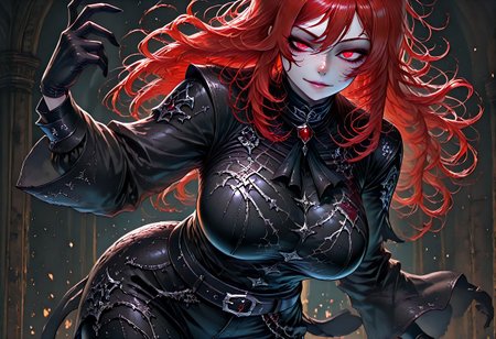 very aesthetic, masterpiece, best quality, highres, absurdres, amazing quality, high resolution, 1girl, solo, medieval background, detailed eyes, perfect eyes, expressive eyes, Expressiveh, vivid colors, realistic lighting, perfect anatomy
Red Eyes, long hair, red hair, pale skin, voluptuous, cellulite, chubby, large breasts, ((uneven eyes)), freckles, lots of freckles, crazy eyes
black gloves, sharp fingers, black shirt, button up shirt, button down shirt, black ascot, black frills, buttons, wide sleeve cuffs, black belt, black cuffs, gambeson, black leggings