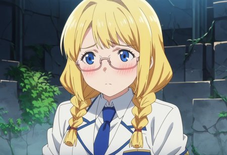 <lora:GEN 0.1v:0.8><lora:modern_anime_screencap_v1_0:0.8>,source_anime,score_9,score_8_up,score_7_up,score_6_up, 3 1girl, braids, blonde hair, blue eyes, She poses Shy, (((shy))) introvert, , and a white blazer in the school uniform design, solo ((in ruins)) girl fat (((very fat))) ((fat)) ,tie, glasses, detailed background, moss, anime screencap
