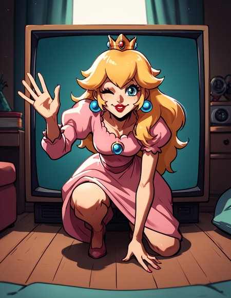 score_9, score_8_up, score_7_up, <lora:ThroughScreenPony:0.8>, throughscreen, source_anime, 1girl, princess peach, full body, tv, stuck, one eye closed, smiling, red lips, pov,  one arm up, waving, on one knee, <lora:diives:1> diives,long  pink dress,