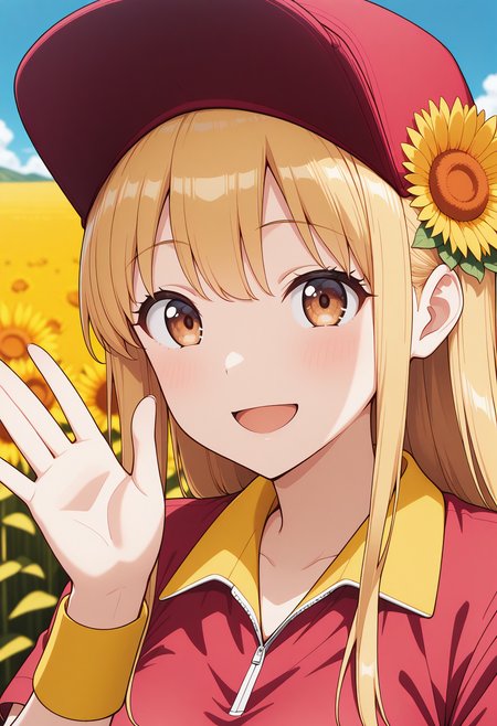 ruriko, brown eyes, blonde hair, long hair, hair flower, (sunflower:0.2), red baseball cap, yellow wristband, red shirt, short sleeves, <lora:ruriko_illustrious_ver1:0.8> 
smile, upper body,, masterpiece, best quality, general,, 1girl, solo, (field:1.2), (blue sky:1.2), looking at viewer,, (upper body:1.2), (close-up:1.2), (facing viewer:1.2), (open eyes:1.4), (portrait:1.2)