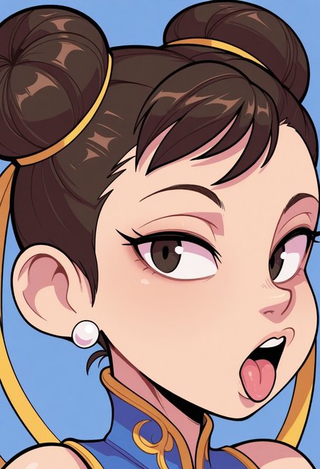 p4n1c3dstyle,   masterpiece, best quality, solo,  chun_li\(street_fighter\), detailed eyes, hair buns, closeup,  looking at viewer, tongue,  blue background,