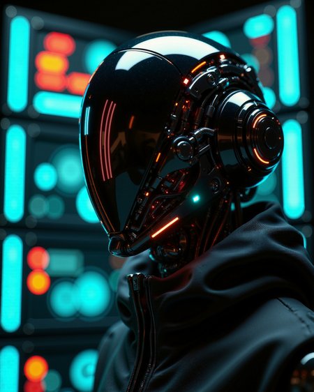 RAW Photograph, in the style of ckfa, cyberpunk faceless android humanoid woman with a shiny reflective glas mask, intricate shiny mechanical high tech components visible, neonpunk, (looking mysteriously at the viewer, eye contact), direct eye contact. a scanner scans the viewer, hunter, nistyle in a hacker room, stealing hard disk drives