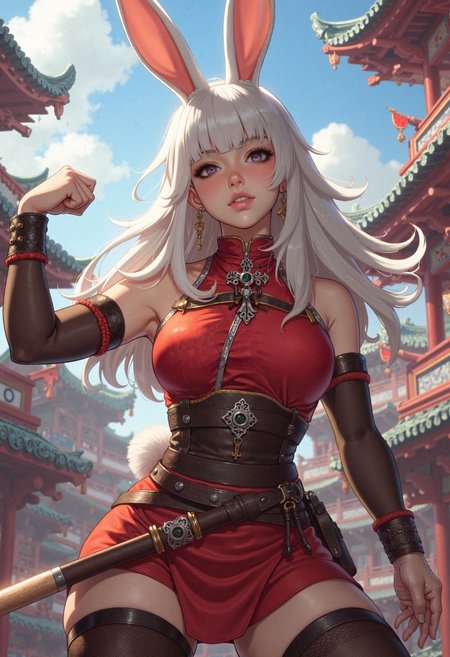 hyper-realisitic, hyper-detailed, detailed foreground,  RAW photo, detailed clothing, detailed lighting, curvy figure,  stylized anime-inspired bunny warrior girl, white hair and long rabbit ears, dressed in a sleeveless battle cheongsam with silver details, red cord ornament, layered belts and short skirt, vibrant lighting from below, dynamic pose, realistic skin texture and vibrant colors, photorealistic cosplay fantasy  <lora:MoriiMee_Gothic_Niji_Style_FLUX:0.6500000000000001> <lora:MelkorMancin-FLUX:0.3500000000000001>