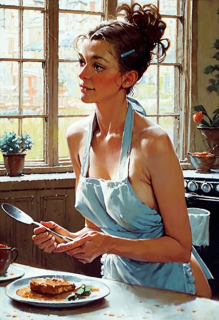 woman in 1950 outfit , score_9, score_8_up, score_7_up, young house wife, 30 year old , 1950s style , young woman wearing an apron , serving dinner on the table, downblows , nipple lip,  , 
painting study by Norman Rockwell
score_9, score_8_up, score_7_up, score_6_up, score_5_up, score_4_up,