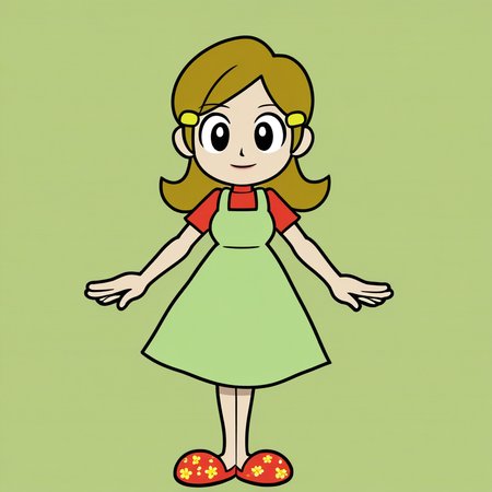 1girl, human, 5-volt, brown hair, red shirt, green dress, red slippers