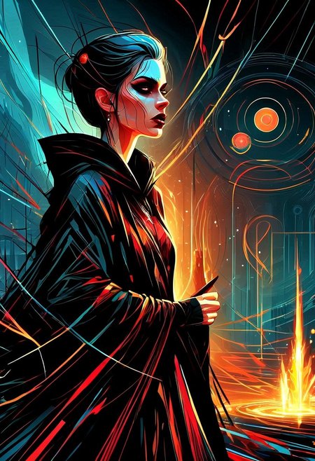 a grim faced young woman wearing a black robe, buzzcut, lipstick, magic circle, sorceror, crystals, portal, lighting, fire, mist, ritual,