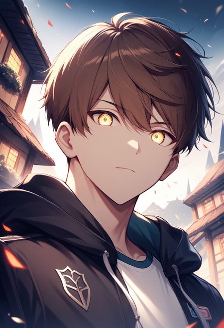 (best quality, masterpiece), 1 boy,18 years old, medieval village, dark mood, Arrogant,
brown hair, super short hair, blue and white color student uniform
 , looking at viewer, Unobtrusive golden eyes, Dull golden eyes,
