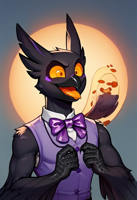 Barnaby, 1boy, yellow eyes, orange sclera, black body, long neck, feathers, bird feet, winged arms, bird tail, black beak, purple vest, sleeveless, purple bowtie, orange tongue, avian, furry, anthro, ghost, owl, spirit, digitigrade, no humans, perfect anatomy, solo, (insanely detailed, beautiful detailed face, masterpiece, cinematic lighting, detailed hands, detailed face, best quality), (sharp), score_9_up, score_8_up, score_7_up, score_6_up, highest quality, 8K, RAW photo, source_anime, perfect face, perfect hands, upper body, wingarms, wossarem