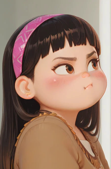 masterpiece, best quality, 
1girl, solo, pout, blush, looking to the side, upper body, 
 <lora:Abby_ParkIL:0.75> a_p, plump, long black hair, fringe hair, brown eyes, hairband,
 <lora:afkArenaIllustrious:1> afkarenastyle,