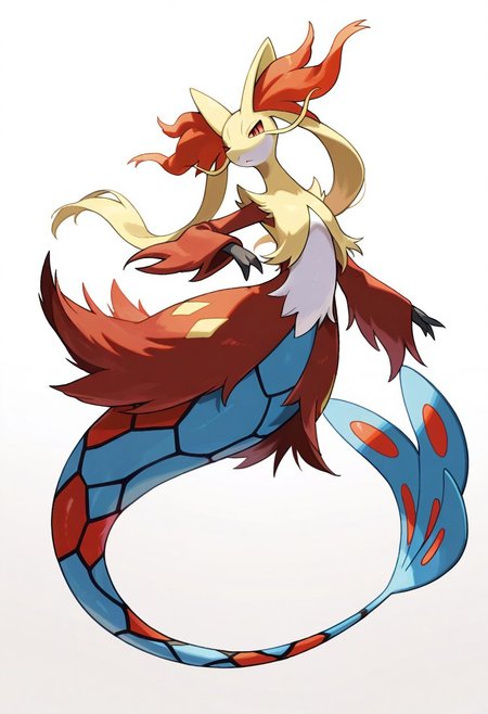 (masterpiece, best quality, high quality, highres), very awa, highres, absurdres,
pokemon, pokemon \(species\), (no humans:1.1), (solo:1.2), full body,
(Delphox:0.60), (Milotic:0.65),
simple white background,