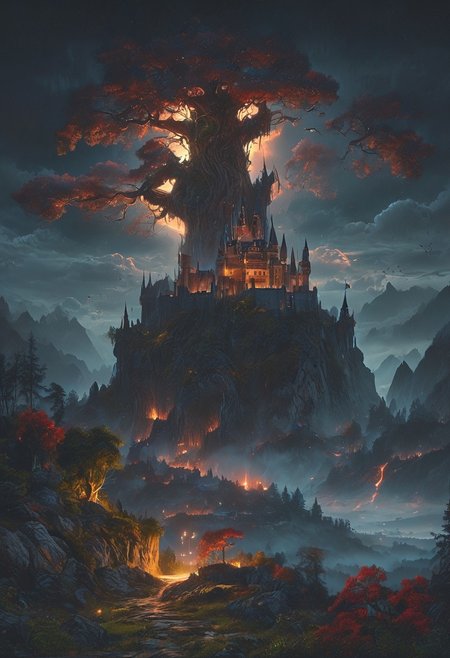 A captivating night scene illustration featuring a forboding and haunted castle on a great  great mountain. The castle and mountain are much like Neuschwanstein Castle in Bavaria.  This enchanting artwork captures a dark and ominous night, wherered bloodmoon hangs above  over the  tree covered mountain range and castle which   stands resolute amidst the great mountains, creating a cinematic experience., illustration, cinematic
<lora:DonM3t3rn1tyXL-v1.1:0.7>, DonM3t3rn1tyXL,
OverallDetailXL  <lora:MJ52:0.3>  <lora:SDXLFaeTastic2400:0.4>  <lora:EpicF4nta5yXL:0.7>