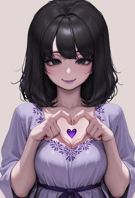,  1girl, solo, medium build, medium hair, sfw, safe for work, covered skin, flowy dress,  black eyes, purple lipgloss, smiling, portrait, upper body, heart hands, foreshortening, detailed, newest, letdie