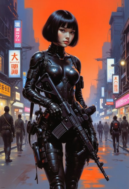 Frank Frazetta fantasy oil painting, japanese female sci-fi police officer with cybernetic implants, bob cut hair, detailed black bodysuit with red detailing, holding assault rifle with both hands, on cyberpunk street at dawn, neon signs and advertising screens, directional lighting, dutch angle