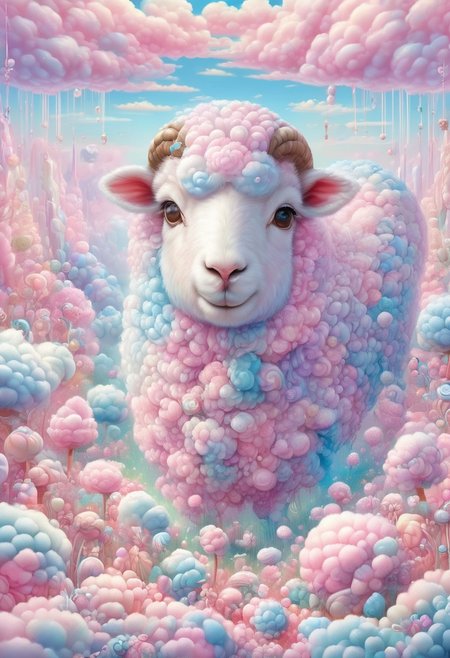 (cute sheep made of candy:0.9), cottoncandy, cute, no humans, solo, elaborate, (ultra realistic:1.1), (masterpiece, shiny:1.2), best quality, pastel colors, extremely detailed, intricate, detailed background,  safe_pos