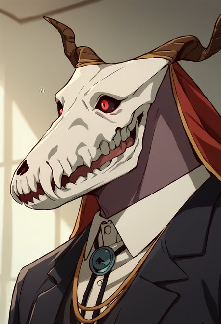 <lora:EliasAinsworthPony1.0:1> elias, 1boy, horns,skull, solo, male focus, shirt, red eyes, long sleeves, white shirt,necktie, glowing eyes,  vest, collared shirt, suit,upper body, portrait,, score_9, score_8_up, score_7_up, score_6_up, score_5_up, score_4_up,open mouth, smile, motion lines,