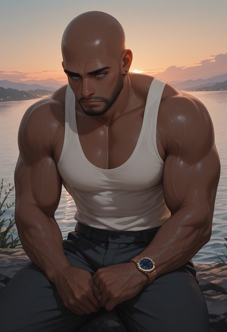 masterpiece, best quality, amazing quality, absurdres, newest, detailed background, definition so sharp, Ultra-HD, 8K cinematic, very awa, impressionate, amazing quality, highres, 
1boy, mbti_estj, muscular man, mature man, bald, dark skin, facial hair, blue eyes, watch, solo, lakeside, golden hour, gentle breeze, calm water, serene, natural light, soft glow, contemplating, looking at view, relaxed posture, earth tones, tranquil atmosphere, high quality, aesthetic, landscape