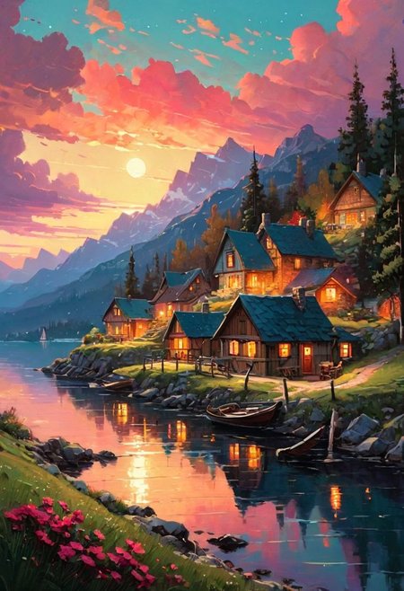 by Alena Aenami and [James Gilleard|Mark Lovett] in the style of [Shahab Alizadeh:Thomas Kinkade:0.35], sunset in hamlet with cottages with stars in sky, getting dark, with few rays of light lighting the sky, a little after the twilight, a fantastic scene, vivid colors, cool color tones, fine details, extremely detailed, Rembrandt Lighting style