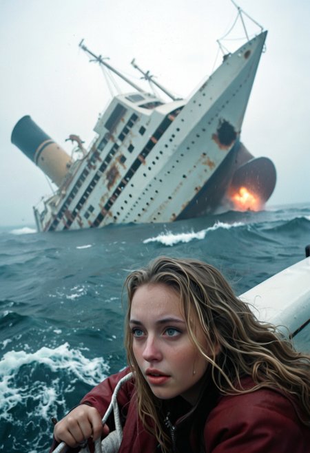 Cinematic film still a woman sitting on a raft in the ocean next to a large ship in the background with smoke coming out of it, Dirk Crabeth, promotional image, a detailed matte painting, stuckism, cinematic photography, a photorealistic painting, art photography, cinematic photography, a storybook illustration, figurative art, a photorealistic painting, rococo BREAK Elegant pose, a stock photo, romanticism, concept art, shallow depth of field, vignette, highly detailed, high budget, bokeh, cinemascope, moody, epic, gorgeous, flux-style, film grain, grainy. <lora:add-detail-xl:.5> <lora:Flux-style-xl-lora:.5>