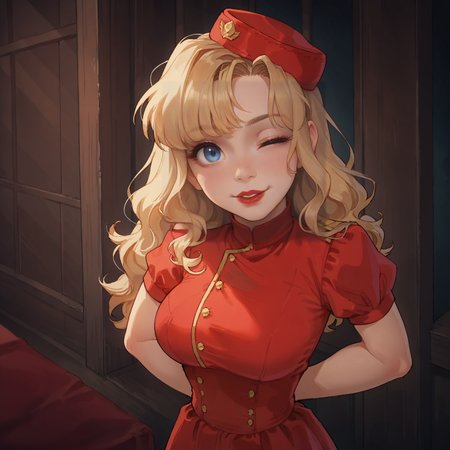 score_9, score_8_up, score_8, score_7_up,score_7, source_anime, rating_explicit, hires, (detailed,best quality:1.2),(<lora:Expressive_H:0.3>), (<lora:JGStyle:0.5>), (<lora:incase-ilff-v3-4:0.7>), 1girl, (skinny:1.3), narrow waist, petite, <lora:UnnamedBlondeGirl_BacallToArms1946_PXL_Leaf1:0.8> ,UnnamedGirl, blonde hair, red lipstick,red  hat, strap hat,uniform, red dress, large breasts, close-up, solo, blue eyes, happy,portrait, bangs, long hair, wavy hair, retro, arms behind back, sweet, cute,  high angle, close-up, looking up, (head tilt), one eye closed,