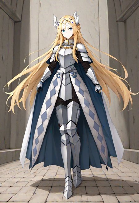 yugioh ecclesia, blonde hair, blue eyes, braid, facial mark, fake horns, forehead mark, hair ornament, horns, long hair, armor, armored dress, cape, gauntlets, headgear, leg armor, shoulder armor, white armor, 
masterpiece, best quality, very aesthetic, absurdres, full_body, tachi-e,