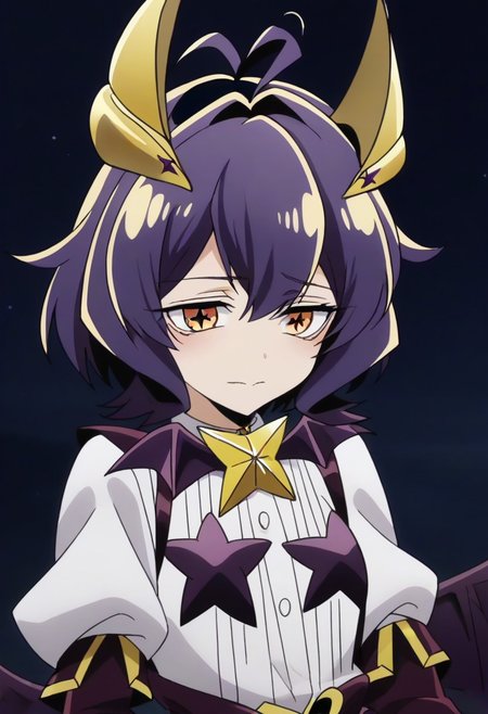 source_anime <lora:GushingoverMagicalGirlsSet1:0.8>, MagiaBaiser, short hair, yellow eyes, ahoge, purple hair, magical girl, showgirl skirt, black nails, low wings, cross-shaped pupils, yellow horns, star pasties,,, ,,, , , ,,,, ,,, , ,,,,,,,, anime coloring,anime screencap, 1girl,Solo ,, anime,official art,,Uncensored ,Unedited ,,,,,,,,