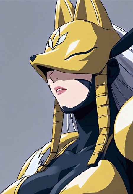 score_9, score_8_up, score_7_up, score_6_up, 1girl, sakuyamonv1, sakuyamon, white hair, fox mask, mask,covered eyes, facial mark, golden armor, shoulder armor, black bodysuit, upper body, gauntlets, solo, huge breasts, large breasts, high heels,  Expressiveh, looking at viewer,