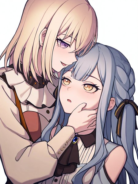 2girls, character: misumi_uika, character: togawa_sakiko, simple_background, transparent_background, upper_body, open_mouth, hair_ribbon, sidelocks, collared_shirt, shoulder_cutout, black_ribbon, black_ascot, blue_brooch, orange_brooch, oblivionis_\(bang_dream!\), doloris_\(bang_dream!\)ï¼white background,
masterpiece,best quality,amazing quality,very aesthetic,absurdres,<lora:misumi_uika_ill_sdxl:1>,