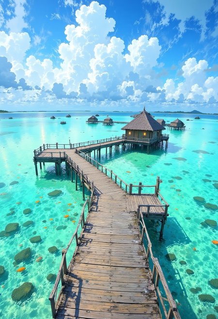 Maldives Overwater Paradise – Turquoise Waters & Wooden Pier
"A peaceful scene in the Maldives, where a wooden pier extends into the endless turquoise lagoon. The shallow water is so clear that colorful fish can be seen swimming just below the surface. In the distance, a few thatched-roof bungalows rest on stilts, blending seamlessly into the horizon where the sky meets the sea."