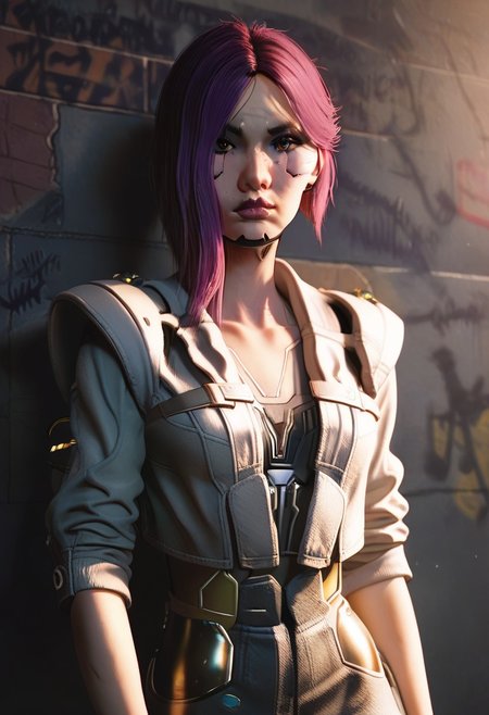 score_9, score_8_up, score_7_up, score_6_up
<lora:CyberSongbird:0.8>
CyberSongbird, 1girl, purple hair, brown eyes, cyberpunk, looking at viewer, leaning against a brick wall, hands in jacket pockets, urban alleyway with graffiti art, moody lighting with shadows, edgy and modern vibe, narrow pelvis, skinny, slender, thin waist, cyberware,