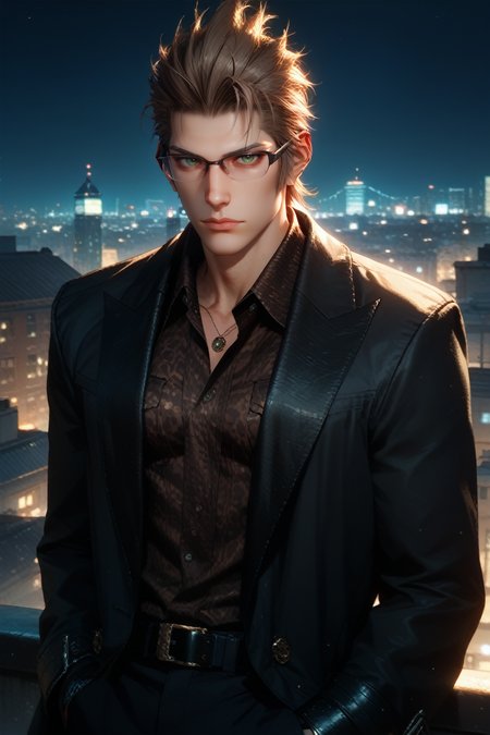 score_9, score_8_up, score_7_up,
<lora:FFIgnis:0.8>
FFIgnis, 1boy, brown hair, green eyes, glasses, looking at viewer, On a high-rise rooftop, sharp black trench coat, city lights below, hands in pockets