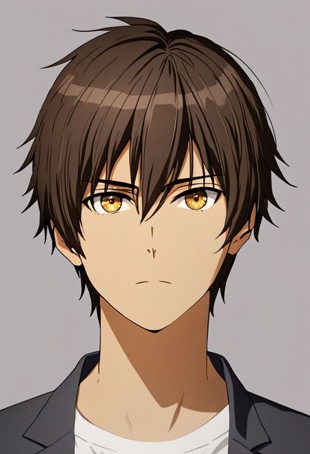 Highres, Masterpiece, High Quality, 4K, 8K, solo, 1Boy, Seiya Kanie, short dark brown hair, golden eyes, Shirt, passport_photo_style, looking at viewer, focused gaze forward, plain background, straight body, head upright, easynegative, detailed_eye_model