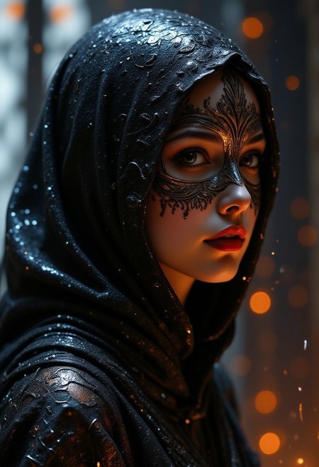 Cinematic style, realism, cinematic quality, Pastel, 
A vibrant, futuristic form with smooth curves and a golden sheen that created an otherworldly atmosphere. The night was thick with rain, its rhythmic drumbeats in the tall windows of the old manor mingling with the low hum of jazz drifting through the room. She moved through the crowd like smoke, dark and elusive, in a shimmering dress that seemed to catch the light in all the right places. Her (((mask of delicate black lace: 1.4))), clinging to her skin, revealed just enough to spark the imagination, but hid the most important parts: her eyes. Only her lips were open, painted a shade of red that seemed both dangerous and inviting, like a whispered secret. One that could kill a man. Simple yet captivating, the design caught the light reflections on its surface, adding depth and dimension. This digital work of art embodies modernity while simultaneously awakening curiosity about what lies beyond our consciousness.