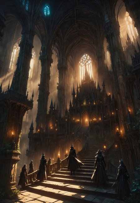 1other, indoors, balcony, window, stained glass, tower, stairs, multiple others, ambiguous gender, fantasy, architecture, altar, standing, weapon, multiple boys, arch, (eye-level on a low-angle high-angle shot of a grand medieval castle hall built to an absurd height:1.2). 

The castle is decorated with antique furniture and adorned with spikes and gargoyles. Two acolytes, dressed in dark clothing, are walking on a narrow elevated walkway. A disturbing and ominous scene, inside a gothic castle., The illustration captures a sense of mystery and intrigue, with a low-angle shot of the castle's grandeur., 

eerie, stygian, gloomy, decay, haunting, 

crepuscular rays, volumetric lighting, light bloom, (deep glow effect:1.3), 

anime artwork, anime style, studio anime, realistic, hyperrealism, 

highly detailed, masterpiece, best quality, very aesthetic, absurdres, cinematic lighting, 

DonM3t3rn1tyXL, Bloodborne, artchlr, DonMG414XL, otclillsn, 
