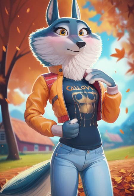 zPDXL, score_9,score_8_up,score_7_up,_up,source_cartoon, best quality, amazing quality, masterpiece, 1girl, looking at viewer, solo, fullbody, cute, blush, porsha, <lora:Porsha:0.8>, animal ears, yellow eyes, white fur, wolf girl, wolf ears, wolf tail, jeans, black shirt, lather jacket, orange sky, forest, autumn, contour_deepening,depth of field, huge filesize,wallpaper,background,(flat color),medium breasts, blurry background,  pixelsketcher, <lora:pixelsketcher:1>