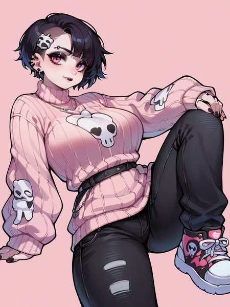 score_9, score_8_up, score_7_up, score_6_up,   <lora:m1n0XLP:0.8> m1n0, 1girl, curvy, pink background, goth, pants, sweater