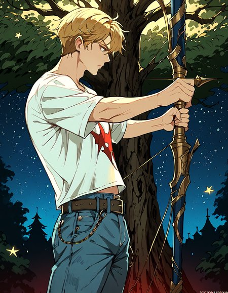 score_9, score_8_up, score_7_up, score_6_up, source_anime, masterpiece, detailed, refined, 1boy, solo, teenager, fantasy, detailed background, (huge tree on the center of background), night sky, stars, white t-shirt, jeans, belt, holding bow, BowAiming, bow \(weapon\), aiming, blonde hair, from side, looking to the right