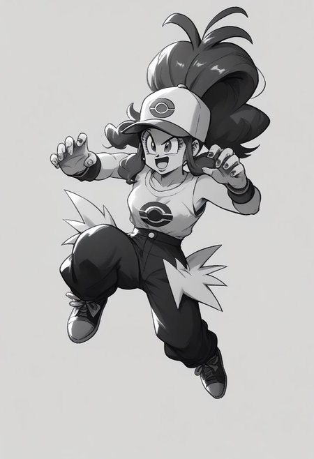 <lora:Dragon Ball_XL:0.8>, score_8_up, score_9_up, 1girl, solo, pokemonhilda, super saiyan, spiked hair, full body, open mouth, female focus, monochrome, grayscale, (perfect hands), <lyco:GoodHands-beta2:1>