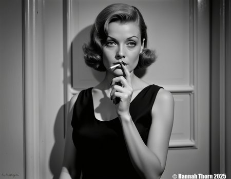 This is a black and white photograph of a woman with a classic, elegant, and somewhat melancholic aura. She stands confidently with a slightly tilted head and a thoughtful expression, puffing on a cigarette, which is held delicately between her fingers. Her hair is styled in soft, loose waves typical of the mid-20th century Hollywood glamour<lora:_Flux\_Film-Retro\Pre-Code_Hollywood-concept_2.safetensors:1.0:1.0>