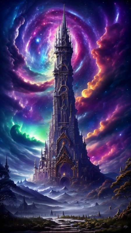 Space-themed, 
Gothic style, 
Masterwork Painting, Magnum Opus, 
 <lora:Wizard_Tower:0.75> witow, castle, cloud, cloudy sky, grass, no humans, scenery, sky, tower, tree, 
<lora:Fantasy_Mountains:0.75> fanmou, footprints, forest, grass, nature, no humans, outdoors, sky ,
  highres, 8k, uhd, High Dynamic Range, tonemapping, crisp details,  intricate details, fine details,
. Dark, mysterious, haunting, dramatic, ornate, detailed,
. Cosmic, celestial, stars, galaxies, nebulas, planets, science fiction, highly detailed