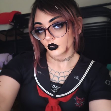 sks 1girl, solo, breasts, glasses, curves, tattoos, school uniform, black lips, dark eye shadow, long lashes,