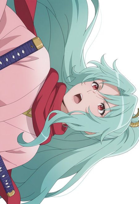 Smooth Quality,masterpiece, ultra realistic,
simple background, white background, 
sideways,open mouth,wind, 
 <lora:Tomoecnn:0.8> sofia/cnn, 1girl, long hair, scarf, ponytail, red eyes, japanese clothes, katana, green hair, very long hair,