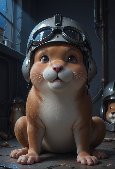 ((realistic, photorealistic, realistic shading)), mcht2, (masterpiece, best quality, amazing quality), dark theme, night theme, very aesthetic, ultra detailed, highly detailed, absurdres, (volumetric lighting, HDR), sh_fs, yogurt, 1animal, hamster, helmet, :3, no humans, goggles