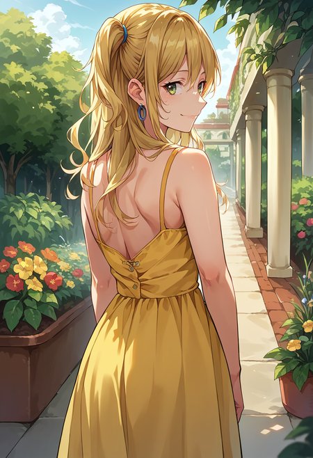 score_9, score_8_up, source_anime, 1girl, solo, YuzuAihara, long hair, two side up, earrings, from behind, yellow sundress, garden, day, sunshine, smile, looking back, <lora:ChamYuzuAiharaPonyXL:1>