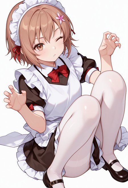 Smooth Quality,masterpiece,very intricate, high quality details, ultra realistic, high detailed skin,detailed enviorement,absurdres,
claw pose,
 <lora:Yukimura_Kusunoki_CNR:0.8> yukimuria_cnr, 1girl, brown hair, short hair, brown eyes,hair flower,maid, maid headdress, apron, dress, white pantyhose,mary janes, shoes,bow,, simple background, white background, sideways,solo,, ;<,