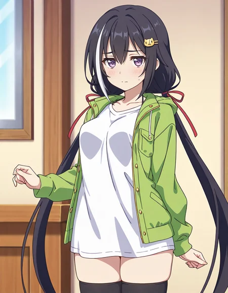 (momochi kiruya,streaked hair,multicolored hair,black hair,white hair,very long hair,low twintails,red ribbon,bangs,cat hair ornament,purple eyes,green open jacket,white shirt,black thighhighs,a little sad,1girl),house,room,Low Key Lighting,day,
looking at viewer,
medium breasts,
perky breasts,realistic proportions,natural looking breasts,explicit,hair between eyes,strong outlines,clean lineart,harsh lines,slim,curvy,(narrow waist:0.1), wide hips,thick thighs,detailed body,skindentation,matte skin,smooth skin,deep skin,soft brightness,detailed mouth,kawaii,moe face,
(anime screencap),(anime coloring:1.2),anime style, Japanese anime, cel-shading, clean lineart, vibrant colors, sharp facial features, 2D illustration, anime screencap style,anime background scenery,detailed linework,intricate details,(masterpiece,best quality,amazing quality),IllusP0s,(very aesthetic,absurdres:1.2),16k,highres,perfect hands,five fingers,detailed hands,
 <lora:ããªã³ã»ã¹ã³ãã¯ãReDiveã­ã£ã«illustriousPrincess_Connect_ReDivekarylillustrious:1:0.8>
