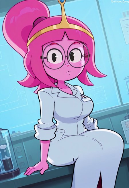 ,solo, beautiful shadows,cartoony style,high res, extremely detailed, beautiful lighting, beautiful shadows, beautiful background, laboratory, Bonnibel, labcoat, white scientist coat, glasses, ponytail, pink hair, pink skin, , straight hair, tiara,, sitting, beautiful clothes, dynamic angle, side angle