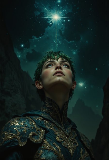 4qu4, stunning green-haired elf female bronze age warrior looking intently up at stars wearing bronze armor, closeup, night sky background full of stars. She sees a dark portent of the future in the stars. High Detail, Perfect Composition, in shadow with shafts of light, high contrast, silhouetted, chiascuro, MurphFSF